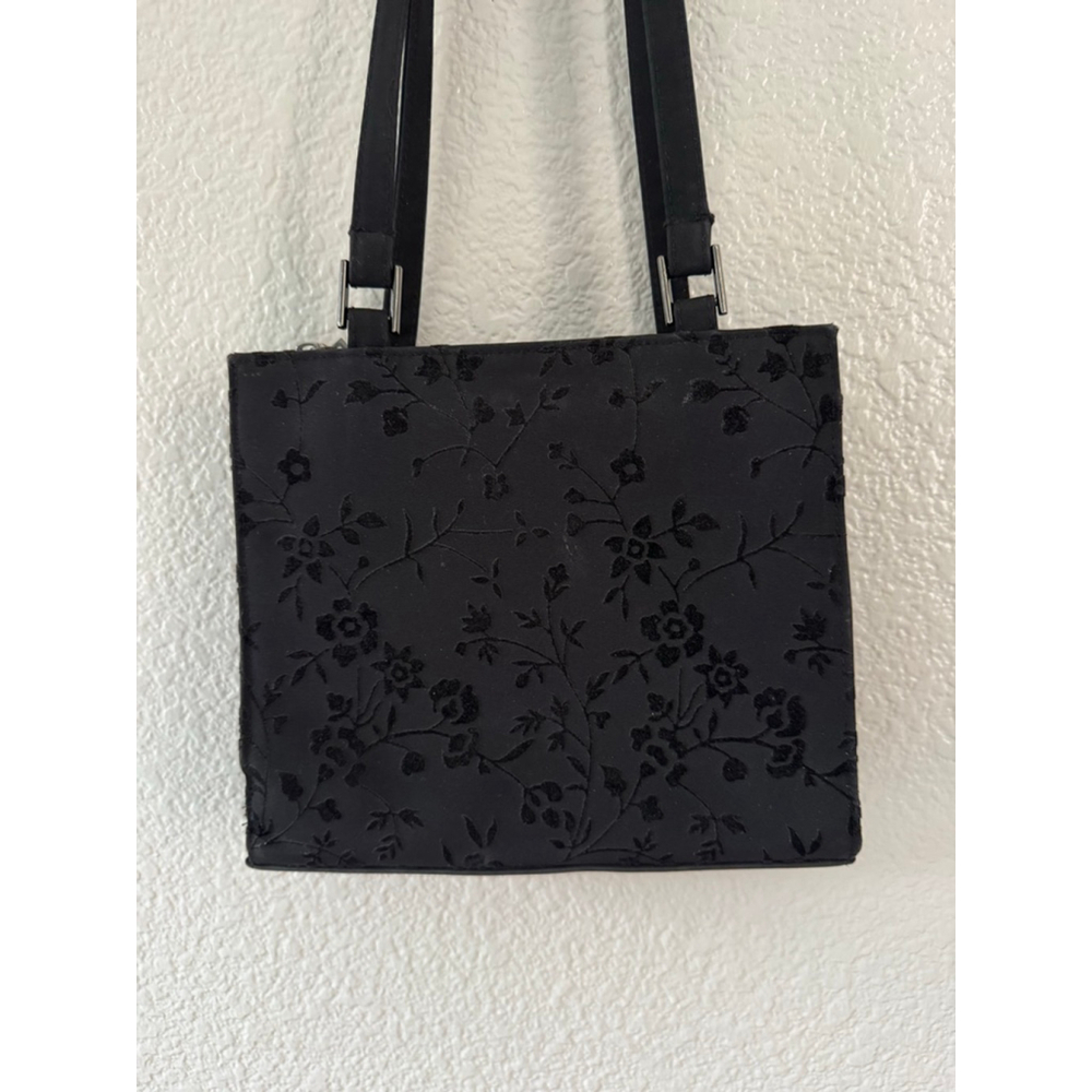 Black Flocked Velvet Floral Shoulder Bag Vintage Y2K Goth Coquette EUC Handbag - Picture 2 of 6